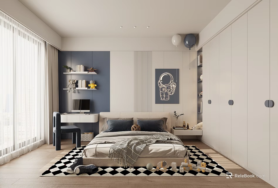 Kids Room Interior With Bed Black And White Diamond Rug Astronaut Poster And Bookshelf 3d model 