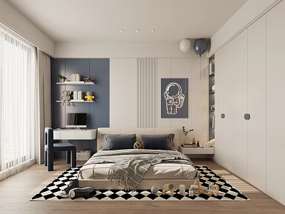 Kids Room Interior With Bed Black And White Diamond Rug Astronaut Poster And Bookshelf 3d model