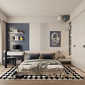 Kids Room Interior With Bed Black And White Diamond Rug Astronaut Poster And Bookshelf