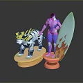 Mechanical Tiger And Humanoid Figure With Flame Surfboard On Orange Bases