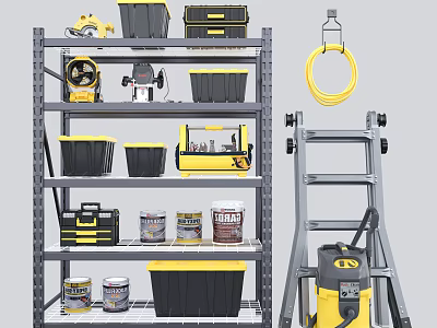 Organized Hardware Tools Storage with Toolbox Storage Bins Paint Cans on Metal Shelf and Ladder 3d model