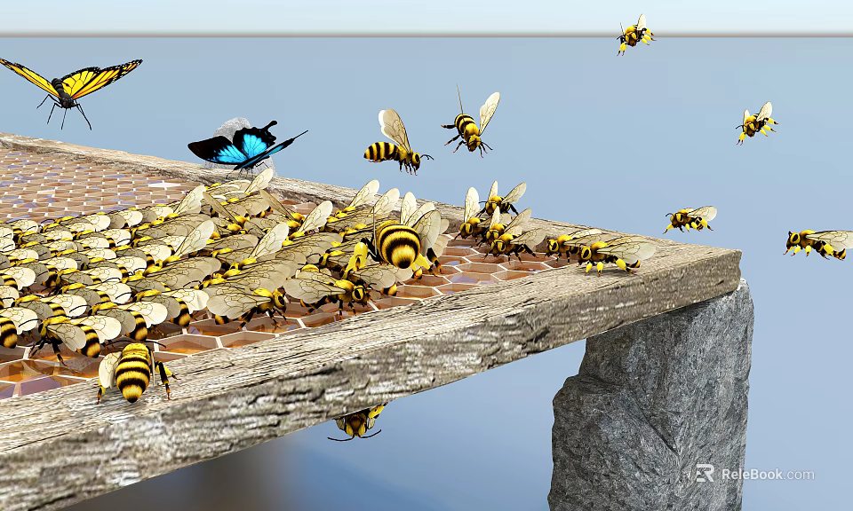 Bees and Butterflies Flying Around Wooden Honeycomb Platform Collecting Nectar 3d model 
