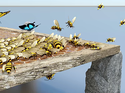 Bees and Butterflies Flying Around Wooden Honeycomb Platform Collecting Nectar 3d model