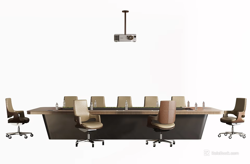 Modern Large Conference Table With Ergonomic Office Chairs And Ceiling Projector 3d model 