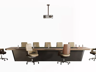 Modern Large Conference Table With Ergonomic Office Chairs And Ceiling Projector 3d model
