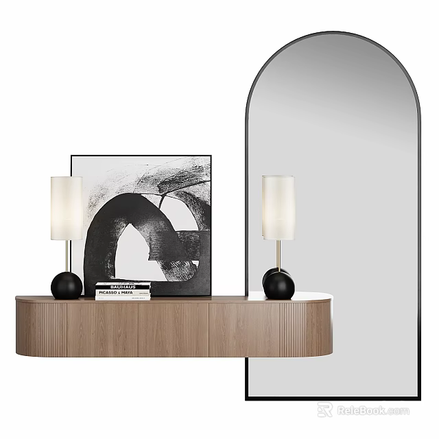 Modern Luxury Arch Mirror in Entryway With Wooden Console Table Table Lamps And Decorative Painting 3d model 