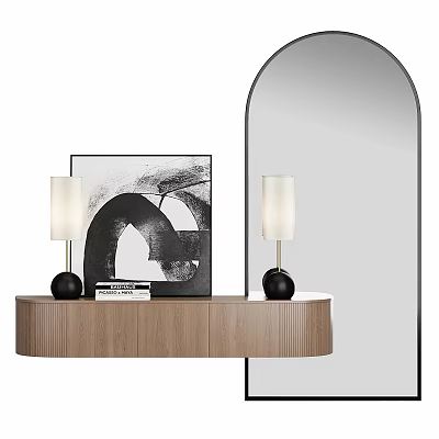Modern Luxury Arch Mirror in Entryway With Wooden Console Table Table Lamps And Decorative Painting 3d model