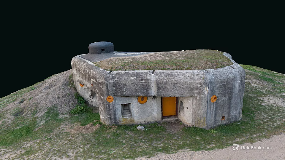 Old Concrete Bunker Structure With Grass Covered Roof Yellow Door And Round Markers 3d model 