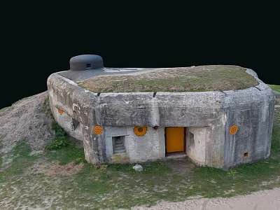 Old Concrete Bunker Structure With Grass Covered Roof Yellow Door And Round Markers 3d model