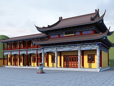 Traditional Chinese Ancient Building Featuring Yellow Walls Red Pillars Multi Tiered Roof And Intricate Carvings 3d model