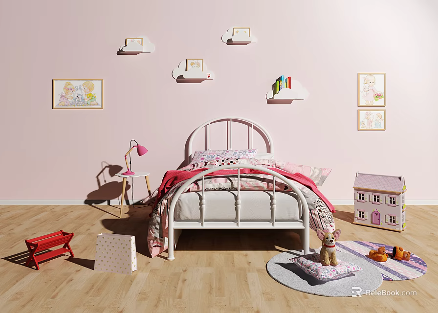Children's Bed in Pink Bedroom with White Shelves Decorative Paintings Pink Lamp and Toys 3d model 