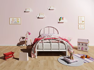 Children's Bed in Pink Bedroom with White Shelves Decorative Paintings Pink Lamp and Toys 3d model