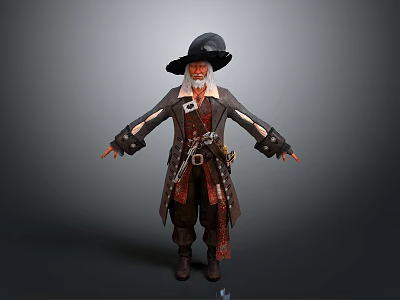 Game Movie Character With Black Wide Brimmed Hat Red Beard Brown Coat And Belt Accessories 3d model