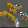 Yellow Modular Container Building With Green Umbrellas Tables Chairs Surrounded By Trees 3d model