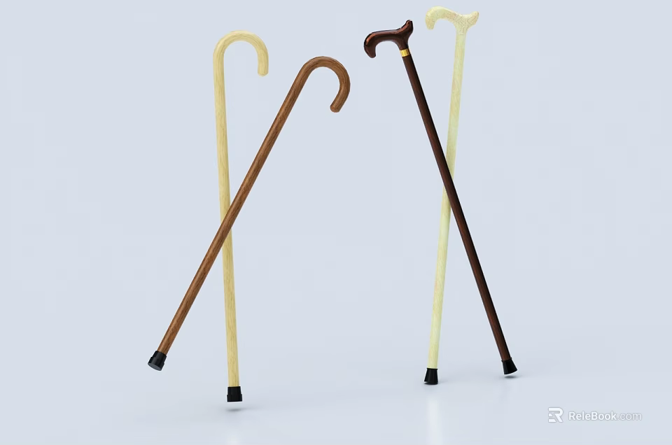 Different Colored Wooden Walking Canes With Curved Handles And Rubber Tips 3d model 