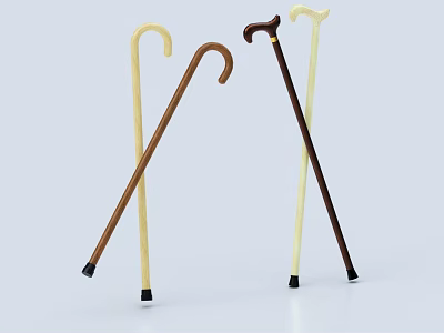Different Colored Wooden Walking Canes With Curved Handles And Rubber Tips 3d model