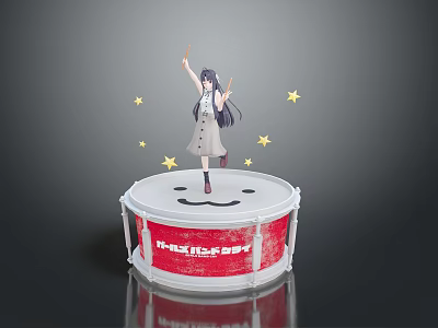 Cute Girl Figure Standing On White Red PARISSA Drum With Stars And Smiley Face Design 3d model