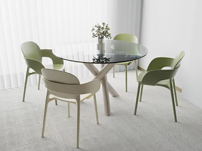 Modern Table and Chair Set with Round Glass Top Crossed Legs and Green Beige Chairs 3d model
