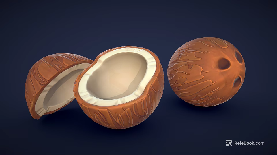 Fresh Coconut Fruit Display With Whole And Opened Halves Showing White Meat 3d model 