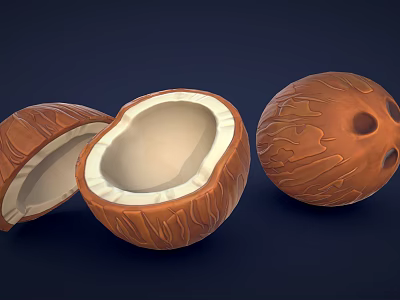 Fresh Coconut Fruit Display With Whole And Opened Halves Showing White Meat 3d model