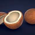 Fresh Coconut Fruit Display With Whole And Opened Halves Showing White Meat