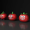 Cute Red Cartoon Tomatoes With Green Leaves And Smiling Faces On Black Background
