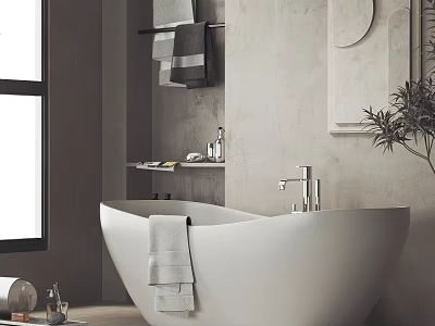 Modern Freestanding Bathtub In Neutral Bathroom With Towel 3d model