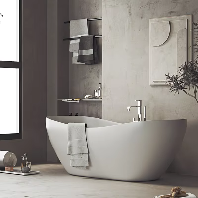 Modern Freestanding Bathtub In Neutral Bathroom With Towel 3d model