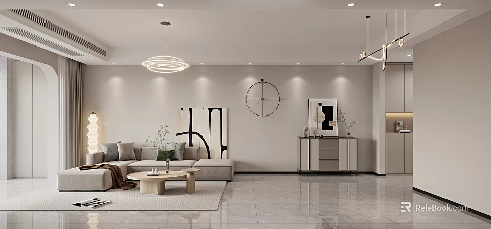 Modern Living Dining Room Interior With Sofa Coffee Table Pendant Lights Decorative Art And Circular Clock 3d model 