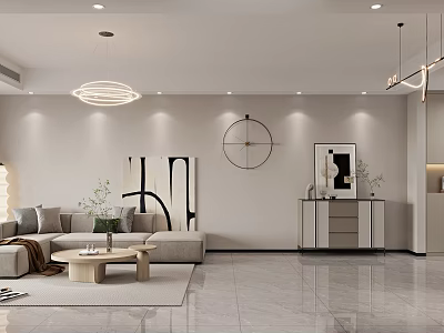 Modern Living Dining Room Interior With Sofa Coffee Table Pendant Lights Decorative Art And Circular Clock 3d model