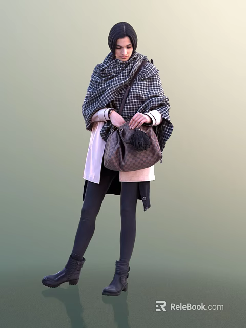 Woman In Plaid Wrap With Fringed Handbag Light Colored Top And Black Leggings 3d model 