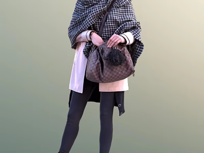 Woman In Plaid Wrap With Fringed Handbag Light Colored Top And Black Leggings 3d model