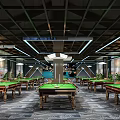 Spacious Modern Billiard Room Interior With Multiple Green Felt Tables And Ceiling Lighting 3d model