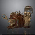 Vintage Steampunk Camera Equipment With Brass Gears And Leather Accents