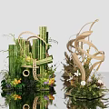 Floral Arrangement With Bamboo Green Plants Woven Decor And Colorful Flowers On Reflection Surface