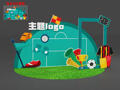 Soccer Theme Logo Scene With Green Grass Soccer Ball Trophy Jersey Whistle Clock Scoreboard 3d model
