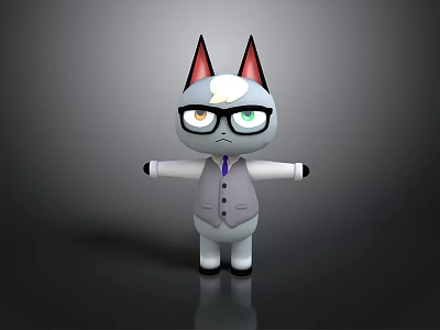 Cartoon Cat Character With Gray Body Vest Black Glasses Red Ears And Blue Tie 3d model