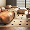 Elegant Modern Living Room Interior With Brown Leather Sofa Chandelier Blinds Rug And Wooden Floor