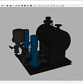 Industrial Equipment With Blue Pumps Silver Pressure Tank And Metal Pipes On Base