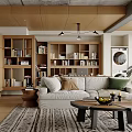 Modern Living Room Interior Design With White Sofa Wooden Bookshelves Coffee Table And Area Rug