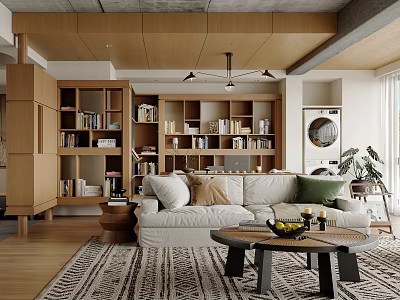 Modern Living Room Interior Design With White Sofa Wooden Bookshelves Coffee Table And Area Rug 3d model