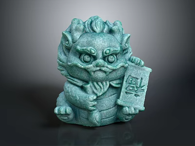 Traditional Green Lion Sculpture Carving With Fortune Plaque And Detailed Handcrafted Design 3d model
