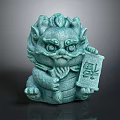 Traditional Green Lion Sculpture Carving With Fortune Plaque And Detailed Handcrafted Design