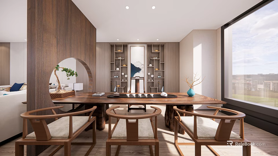 Traditional Wooden Tea Room Interior With Large Table Chairs Round Mirror Shelves And Tea Sets 3d model 