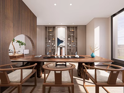 Traditional Wooden Tea Room Interior With Large Table Chairs Round Mirror Shelves And Tea Sets 3d model