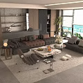 Modern Living Room Sofa Coffee Table Set With Leather Upholstery Decorative Items And Green Plants