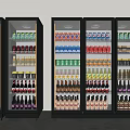 Commercial Upright Glass Door Refrigerators Filled with Various Bottled Drinks Side by Side