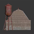 Traditional Wooden Building With Striped Roof Red Water Tower And Leaning Ladder
