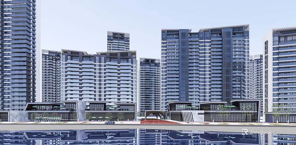 Modern High Rise Building Complex With Water Reflection And Contemporary Facade Design 3d model 
