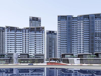 Modern High Rise Building Complex With Water Reflection And Contemporary Facade Design 3d model